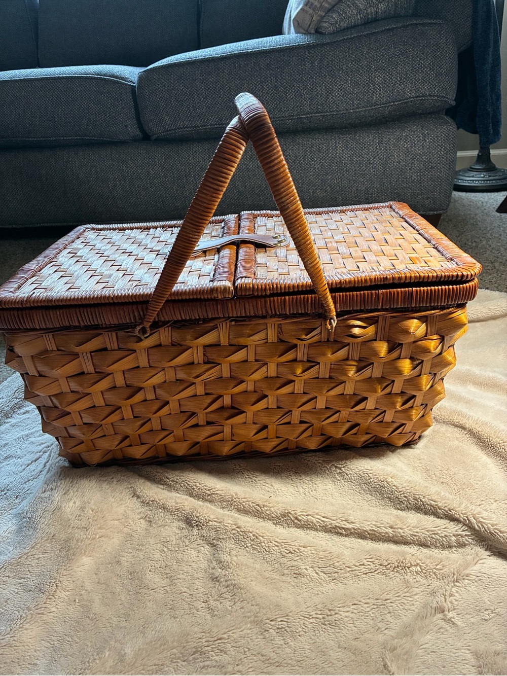 Vintage nicely uniquely Woven Picnic Basket Tote - Tan